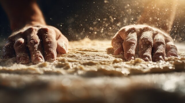 Close-up of baker's hands dusted with flour kneading dough in a warm kitchen setting