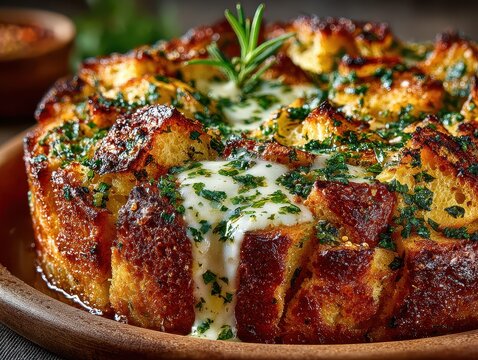 Delicious homemade cheesy bread pudding with herbs crispy crust and gooey melted cheese served in a brown skillet