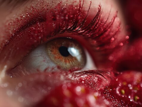 Close-up of an eye with detailed makeup and red glitter, surrounded by red embellishments and textured skin