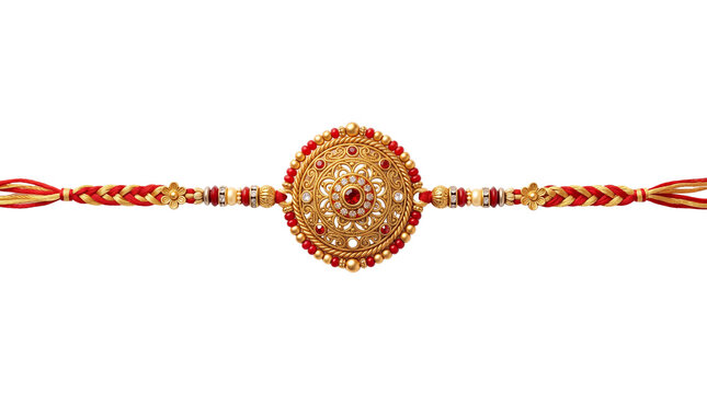 Traditional golden rakhi with red beads, ornate jewelry for Raksha Bandhan festival, decorative sacred thread for brother isolated PNG with Transparent Background