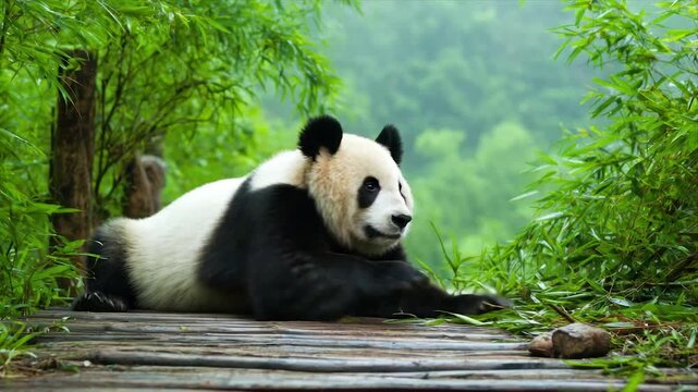 A giant panda rests on a wooden platform surrounded by lush green bamboo and a misty forest backdrop