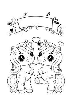 Cute Unicorn babies coloring pages lineart for activity