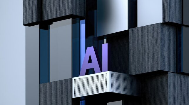 Abstract geometric art with glowing "AI" logo centered among textured cubes and reflections