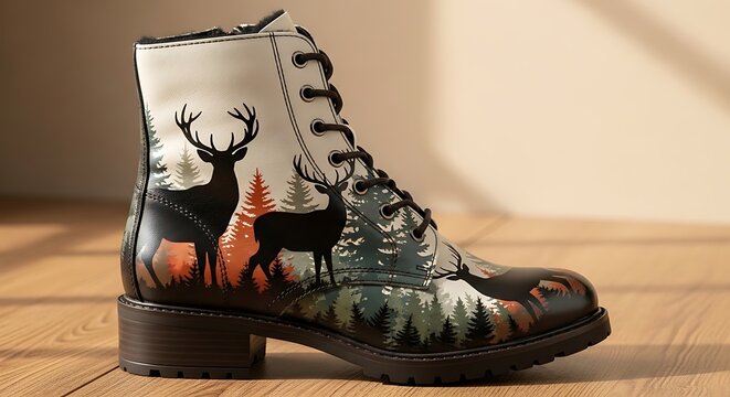 Hiking boot with deer and pinecone illustration
