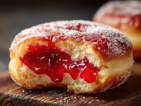 Freshly baked donut with sweet jam filling dusted with powdered sugar on a rustic wooden surface