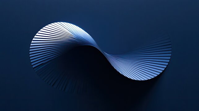 Smooth, metallic ribbon twists in a dark blue space, casting a shadow