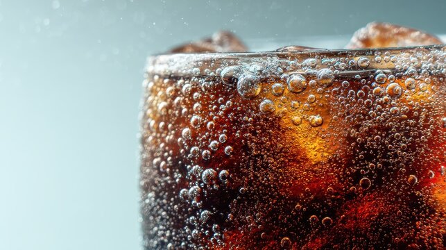 Close-up of refreshing fizzy dark cola soda with ice cubes in a glass on a cool background with bubbles and condensation