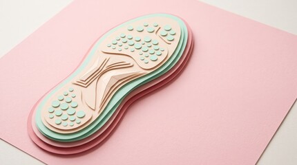 Fototapeta premium Colorful Layered Paper Cut-Out of Shoe Sole on Soft Pink Background for Creative Design Projects