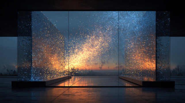 Glowing digital particles behind transparent glass barriers, symbolizing cybersecurity, firewall protection, secure networks, data defense, privacy and resilience against modern cyber threats
