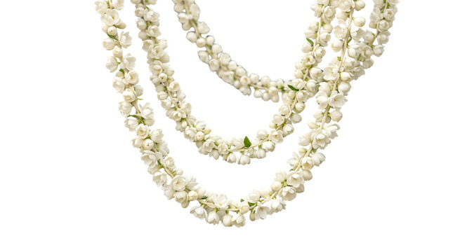 Traditional jasmine flower garlands, fragrant white floral lei for wedding ceremony, elegant jasmine blossom necklaces isolated PNG with Transparent Background