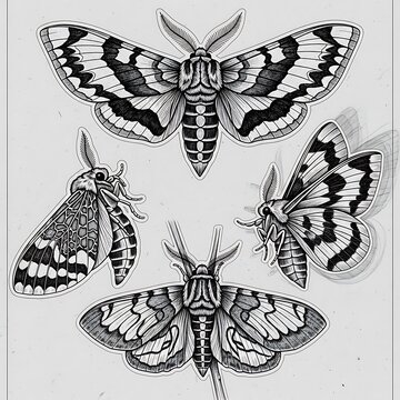 Detailed illustration of four different moths with intricate wing patterns