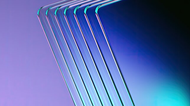 Abstract digital art with stacked, curved, iridescent surfaces against gradient background