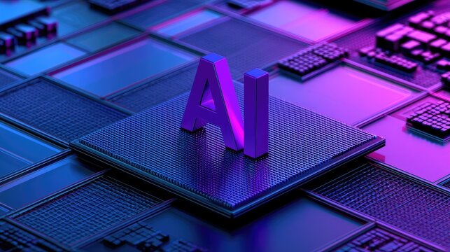 Illuminated AI letters rise from a dark, textured circuit board with colorful lighting