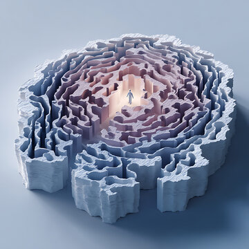 Person standing at the center of a complex 3D labyrinth, symbolizing anxiety, confusion and emotional struggle while representing self discovery, psychological healing, resilience and inner balance