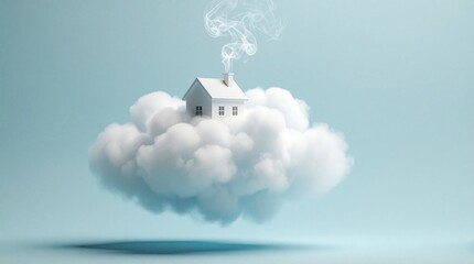 Obraz premium Miniature white house rests on fluffy cloud. Smoke puffs from chimney into soft pastel blue sky. Surreal dreamlike scene, tranquil and peaceful, symbolizing home.