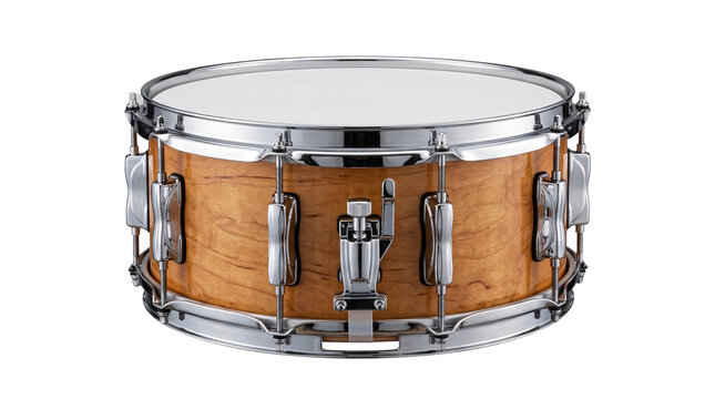 Professional wooden snare drum with chrome hardware, acoustic percussion instrument for music production, natural maple wood drum shell isolated PNG with Transparent Background