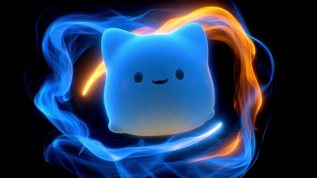Cute glowing blue fantasy creature surrounded by swirling neon light trails, adorable futuristic animated character with colorful energy effects on dark background