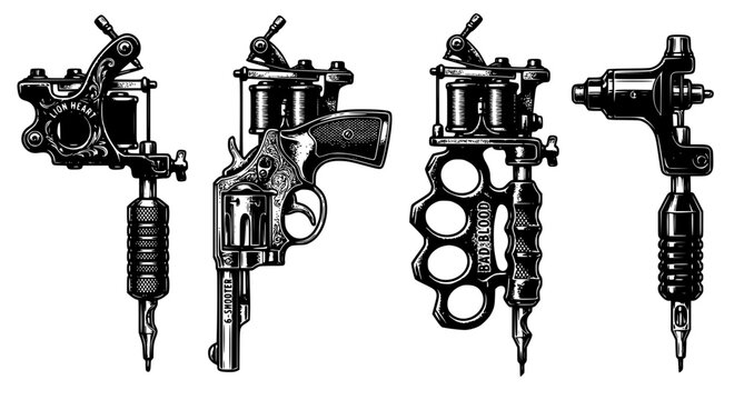 Realistic Black and White Tattoo Machine Vector Set with Revolver Knuckle Duster and Coil Gun Designs