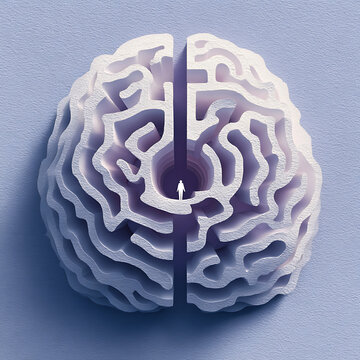 Conceptual brain-shaped maze with a solitary person inside, symbolizing mental health, confusion, overthinking, anxiety, self discovery, introspection, therapy and the search for clarity