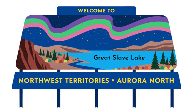 Very beautiful realistic vector of a roadside welcome sign featuring aurora borealis, Great Slave Lake and northern wilderness, NORTHWEST TERRITORIES &bull; AURORA NORTH, vibrant colors and dramatic scener