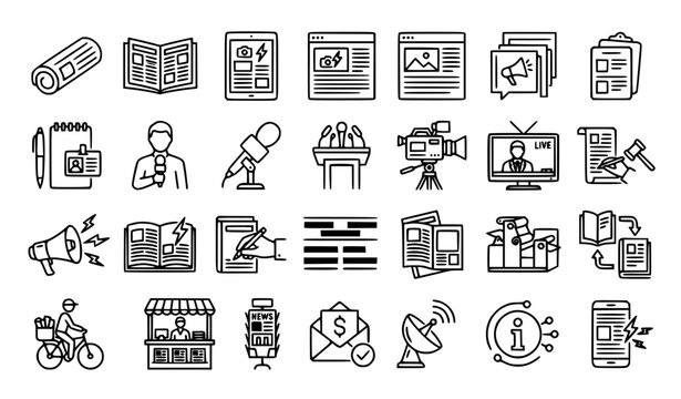 News Media and Publishing Line Icons Set with Journalism Symbols
