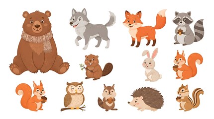 Fototapeta premium Cute cartoon forest animals collection on white background