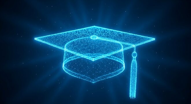 Graduation cap with tassel glowing in dark space background