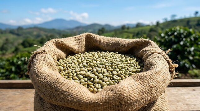 Raw green coffee beans in burlap sack at mountain plantation