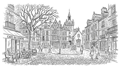 Fototapeta premium Hand Drawn European Old Town Square Illustration Featuring Cobblestone Street, French Cafe Du Centre, Bakery, Clock Tower, and Pedestrians in Classic Black and White Line Art Style