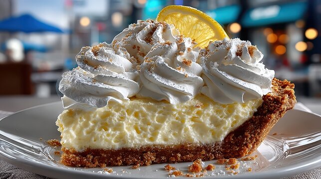 Delicious creamy lemon cheesecake with fluffy whipped cream caramelized crust and bright lemon garnish on glass plate