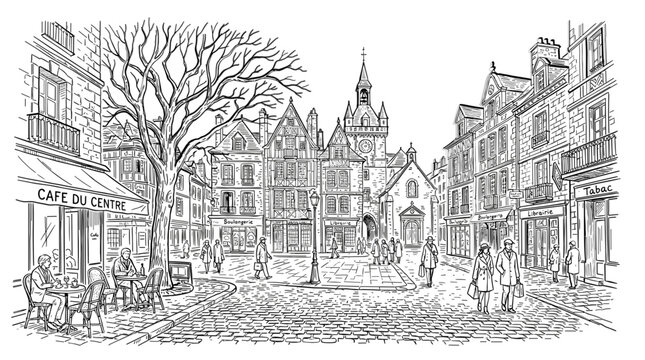 Hand Drawn European Old Town Square Illustration Featuring Cobblestone Street, French Cafe Du Centre, Bakery, Clock Tower, and Pedestrians in Classic Black and White Line Art Style