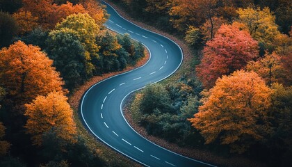 Obraz premium Aerial Drone View Of A Meandering Winding Paved Road Through A Beautiful Lush Colorful Autumn Forest