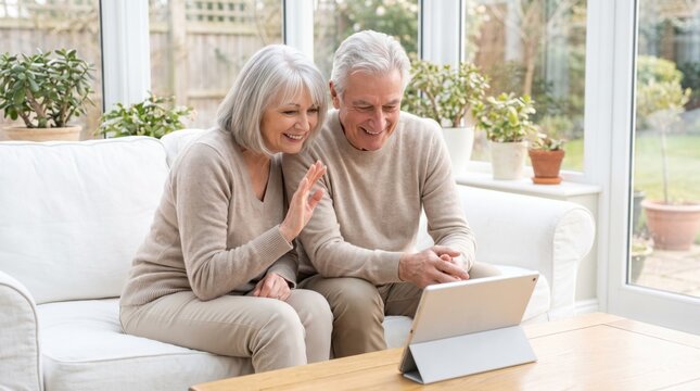Happy senior couple enjoying a video call on a tablet at home, connecting with family.