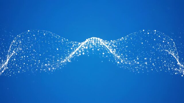Abstract wave forms pulsating with light particles during a digital simulation against a blue background