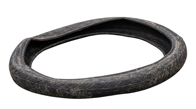 Old worn bicycle tire, damaged black rubber bike inner tube, used cycling equipment for repair and recycling isolated PNG with Transparent Background