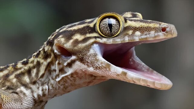 Close-up of a reptile with patterned skin and wide-open mouth