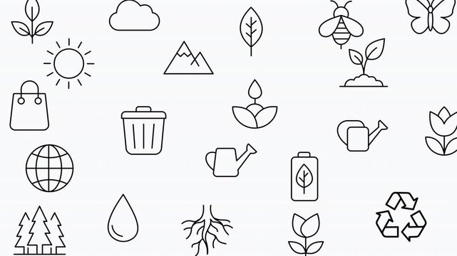 Ecology line icons set. Sustainable nature elements. Recycle symbol, sun, plant, water drop, global globe. Environmental vector symbols for web and eco-friendly design