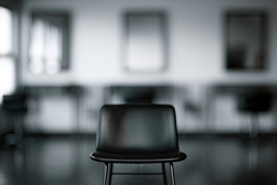 A singular black chair sits empty in a softly lit, minimalist salon