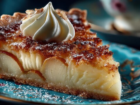 Delicious baked custard pie with cinnamon sugar topping and whipped cream garnish on a vintage plate
