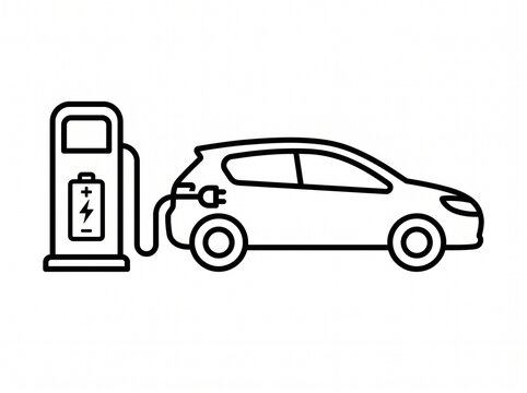 Electric vehicle charging station icon, black line art of a car connected to a power supply unit on white background