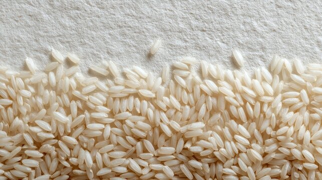 Close-up of scattered uncooked white rice grains on textured surface with detailed focus and natural lighting