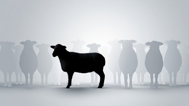 A black sheep stands out among a flock of white sheep, symbolizing individuality and difference