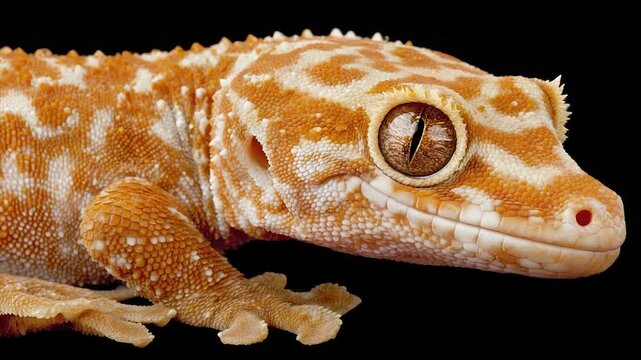 Close-up of a gecko with orange and white patterned skin, brown eye, and sharp scales