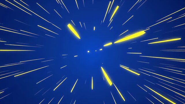 Abstract yellow streaks zoom through deep blue space during a hyperjump simulation with cinematic motion