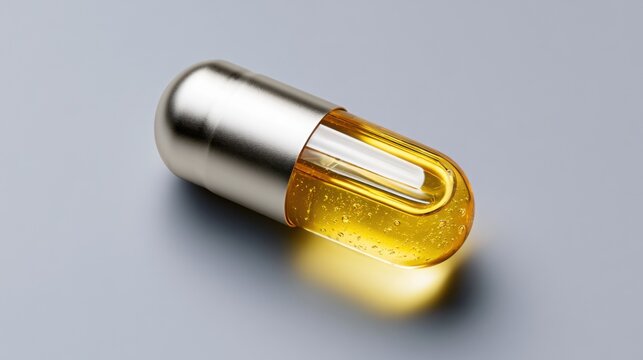 A single, shiny pill capsule containing a vibrant yellow liquid, resting on a smooth surface