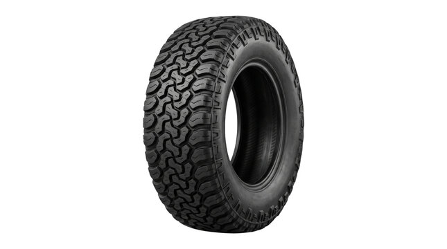 Rugged off-road tire with deep tread pattern, heavy duty truck tire for all-terrain driving, black rubber automotive wheel isolated PNG with Transparent Background