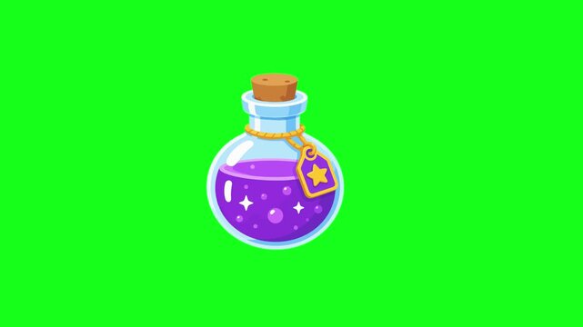 Potion animated magic glass bottle with bubbling purple liquid and sparkling stars 4k chroma key green screen background