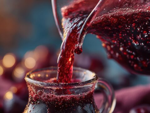 Close-up of pou deep red fruit juice into a glass beverage mug with bubbles and condensation