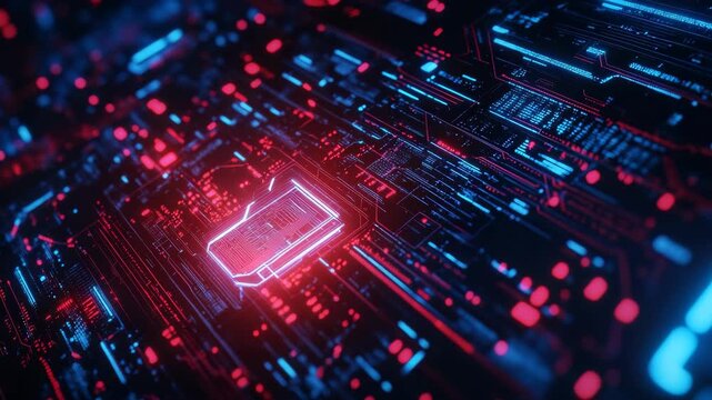 Digital art showcasing an illuminated microchip with a vibrant red glow and surrounding blue highlights, symbolizing high-tech computing or AI.