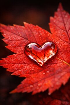 Heart shaped water droplet on a red maple leaf closeup for autumn romantic background and nature macro wallpaper